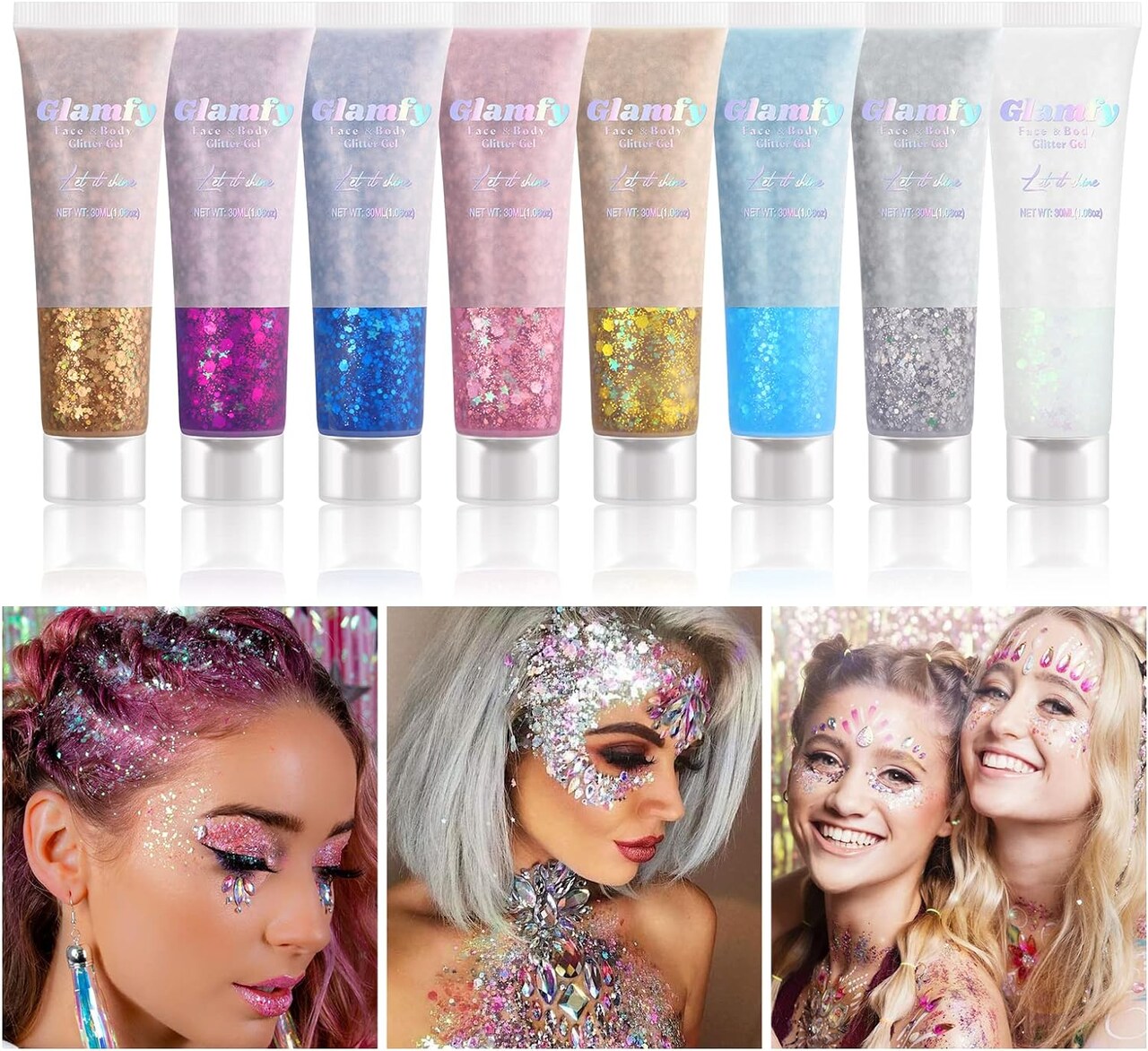 8 Color Body Glitter Gel – Self-Adhesive Face & Hair Glitter, Chunky Cosmetic Gel for Festivals, Raves, Parties, Waterproof & Long-Lasting Makeup (Golden)